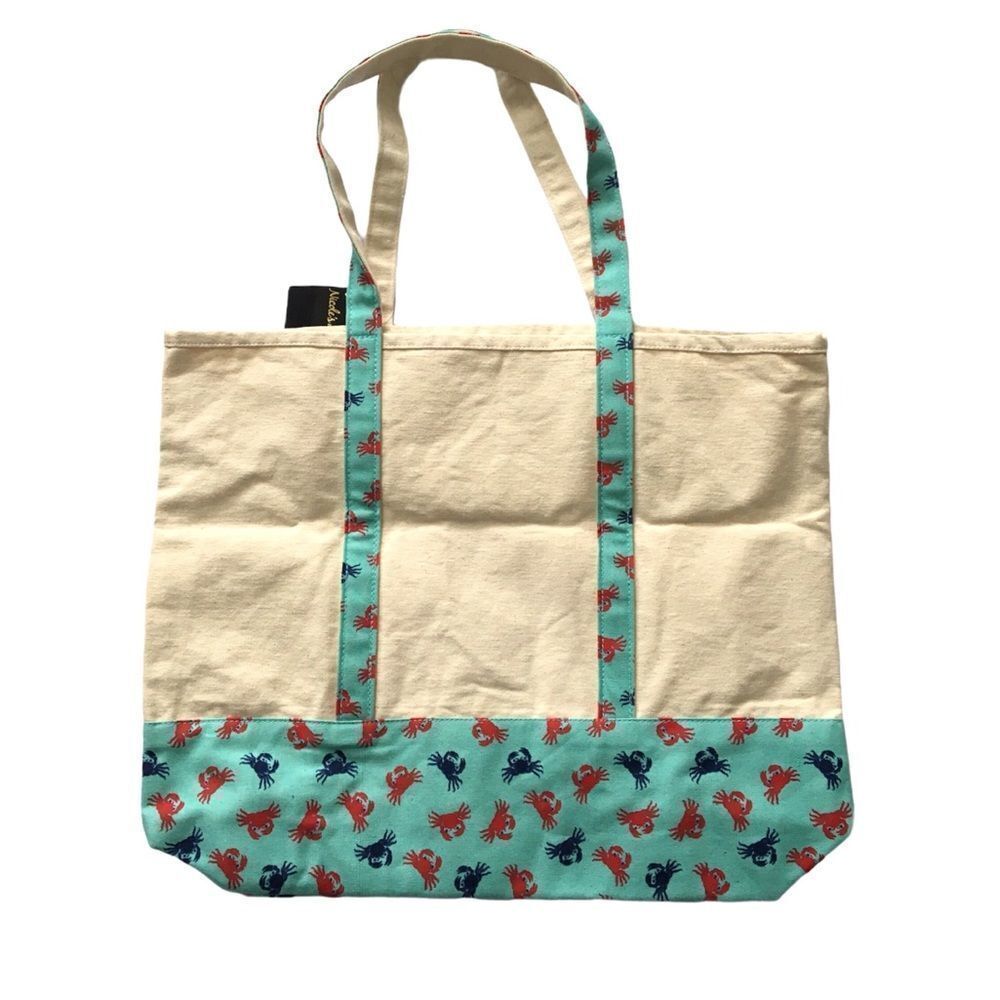 Nautical Inspired Striped Crab Print Large Natural Canvas Tote Bag Red & Blue